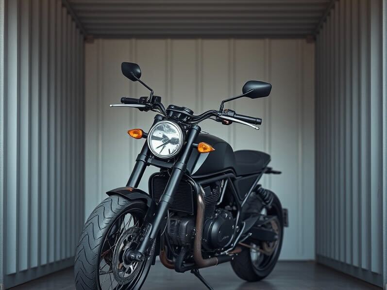 motorcycle stored inside storage container pod