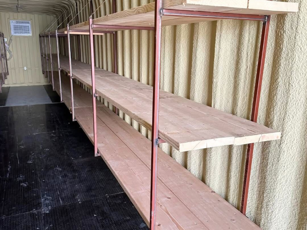 shipping container shelving in a 40 ft storage container