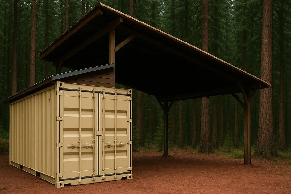shipping container carport with a elevated lean-to shed roof