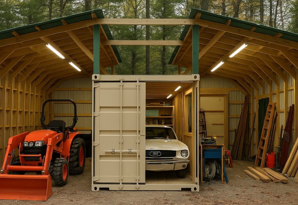 Double elevated shed roofs for a shipping container shop