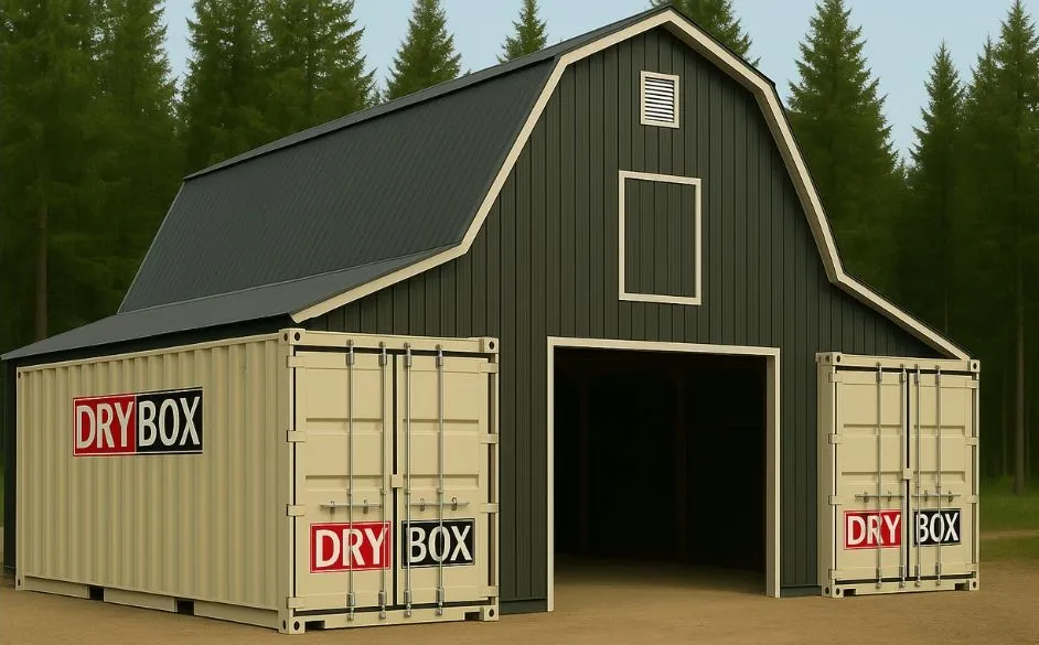 Gambrel shipping container roof design for barns or homes