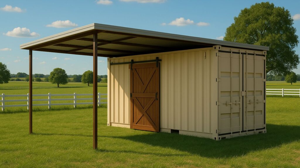 Shipping container with a barn door and shed roof on a farm