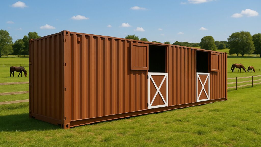 Shipping container livestock loafing shed stalls