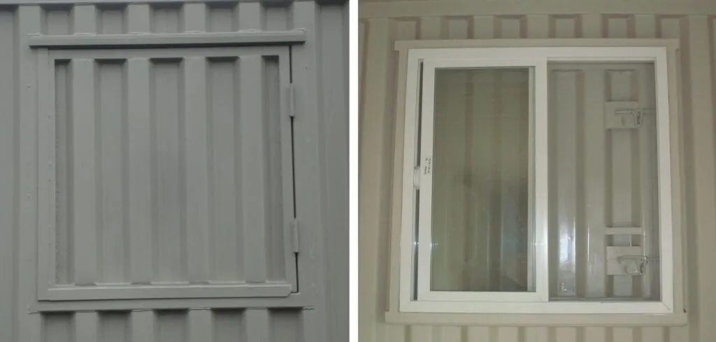 cabin windows with steel security shutters