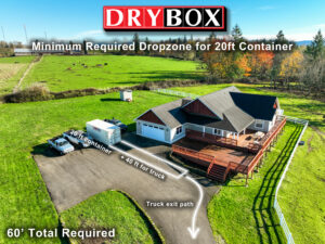 Diagram showing how much clearance is needed to deliver a 20ft shipping container using a tilt back trailer